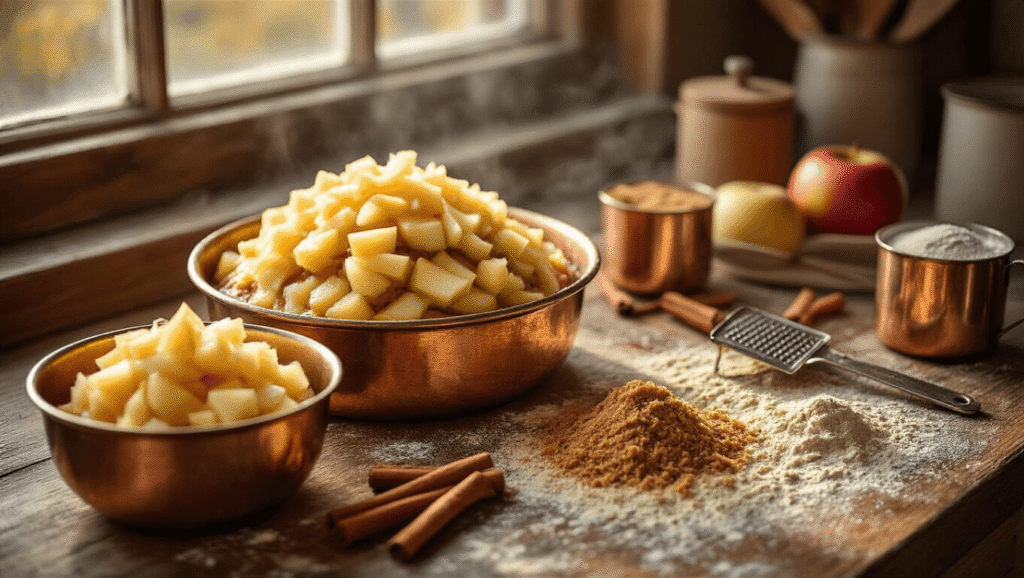 Cinematic overhead view of a rustic kitchen countertop showcasing the preparation of spiced apple cake, featuring grated Honeycrisp apples in a vintage copper bowl, scattered cinnamon sticks, fresh nutmeg with a microplane grater, brown sugar, and lightly dusted flour, illuminated by warm morning light.