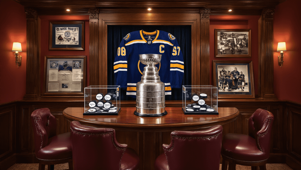 Cinematic overhead view of a luxurious walnut home bar featuring Stanley Cup memorabilia, including a silver replica trophy, signed hockey pucks in crystal cases, a framed championship jersey, and vintage photographs, all under warm lighting with rich-colored accents.
