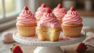 Close-up of strawberry milkshake cupcakes with pink frosting on a vintage cake stand, featuring swirled buttercream, freeze-dried strawberries, and pink sprinkles, in a softly lit rustic kitchen setting.
