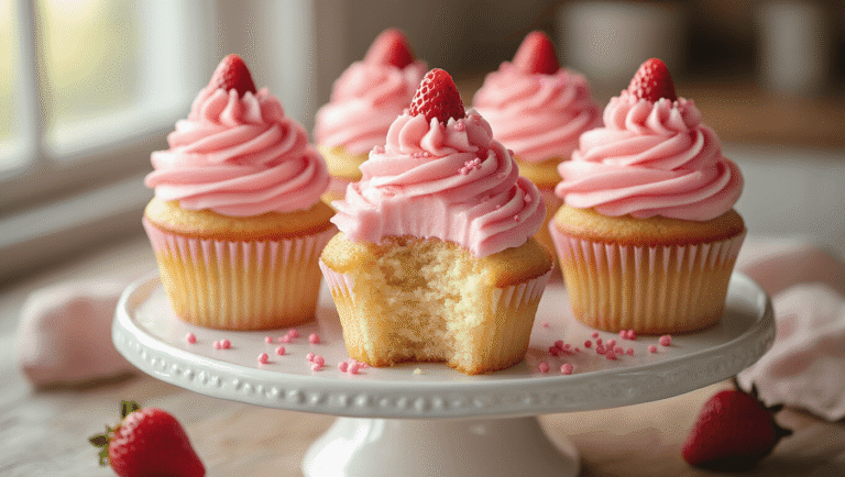 Close-up of strawberry milkshake cupcakes with pink frosting on a vintage cake stand, featuring swirled buttercream, freeze-dried strawberries, and pink sprinkles, in a softly lit rustic kitchen setting.