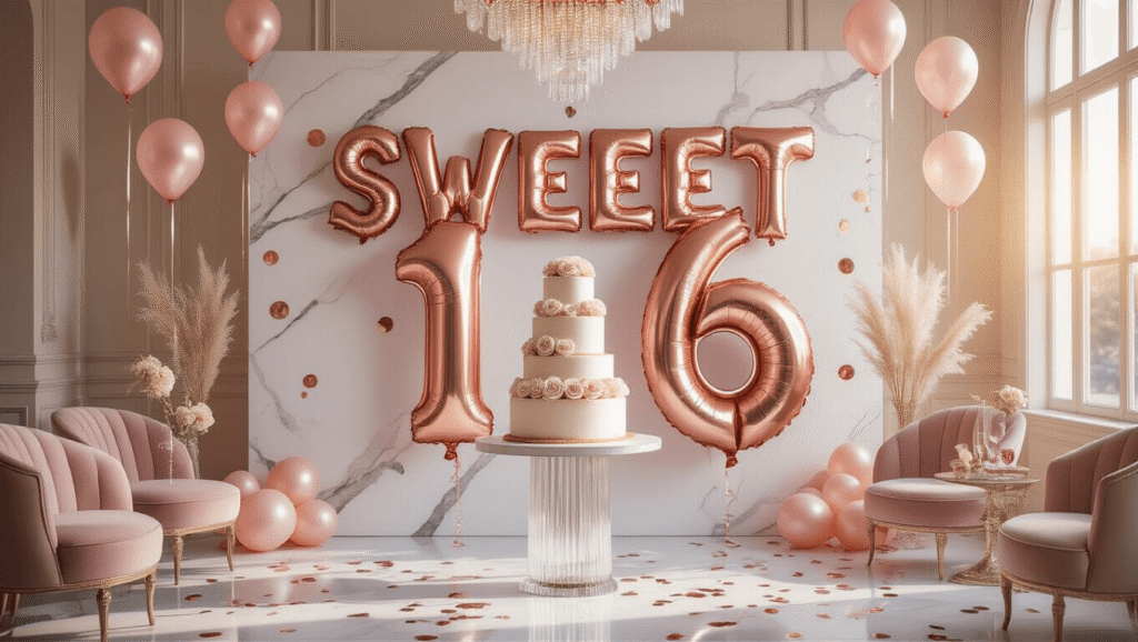 Cinematic wide-angle shot of a luxurious Sweet 16 party setup featuring rose gold balloons, an elegant cake, and a marble backdrop, illuminated by golden hour lighting.