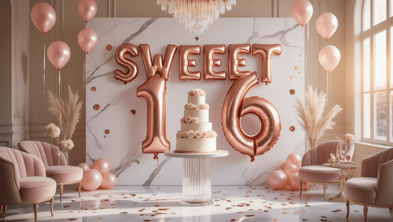Cinematic wide-angle shot of a luxurious Sweet 16 party setup featuring rose gold balloons, an elegant cake, and a marble backdrop, illuminated by golden hour lighting.
