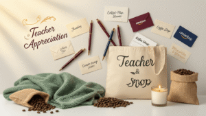 Teacher Christmas Gift Ideas That'll Actually Make Them Smile (Not Another "World's Best Teacher" Mug) A cozy teacher appreciation scene featuring handwritten thank-you notes, premium felt-tip pens, a personalized canvas tote bag, gift cards in festive envelopes, a sage green fleece throw blanket, artisan coffee beans, and a softly glowing scented candle, all on a clean white background.