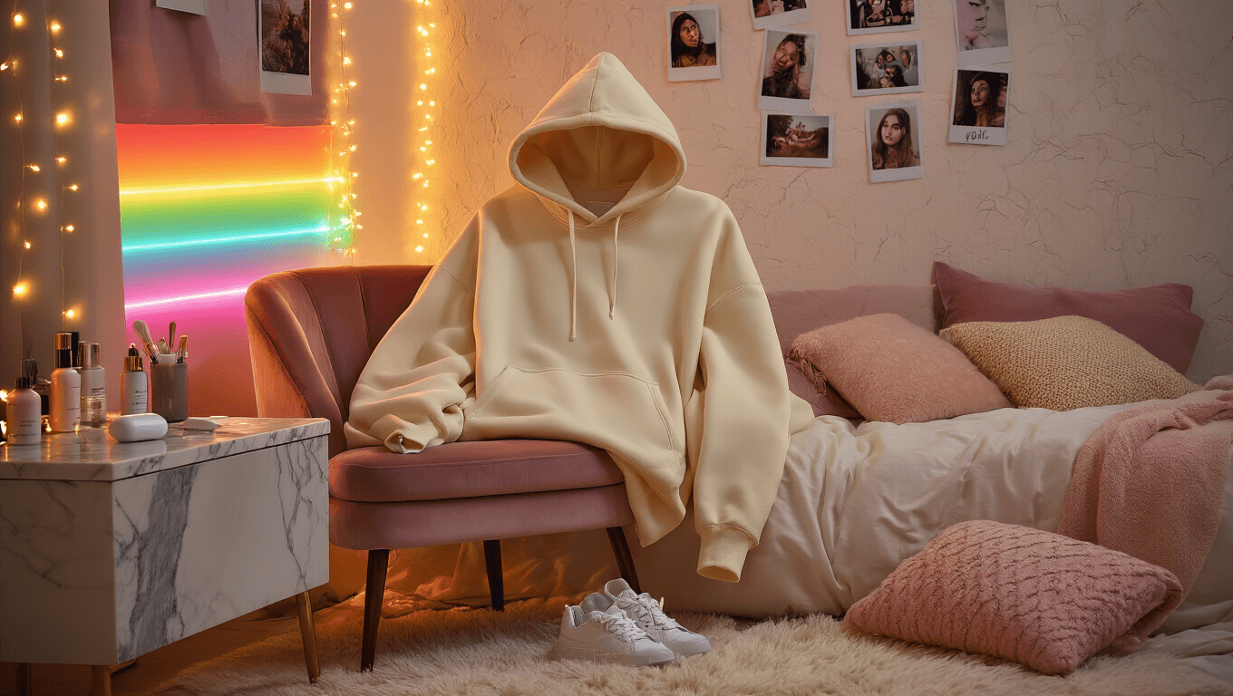 Dreamy teenage bedroom with cozy oversized hoodie, warm LED strip lights, fairy lights, polaroid collages, fluffy rug, skincare on marble vanity, and natural golden hour lighting.