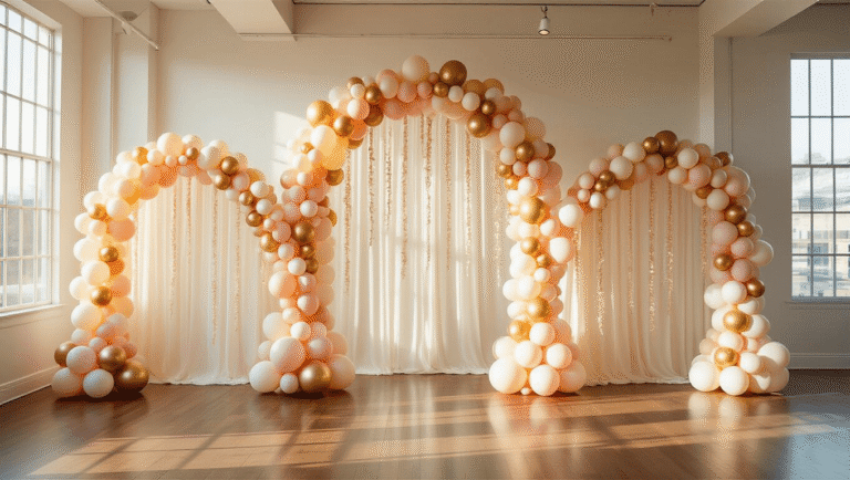 Cinematic shot of a three-arch balloon backdrop with cascading garlands in blush, champagne gold, and ivory tones, illuminated by golden hour sunlight in a modern event space.