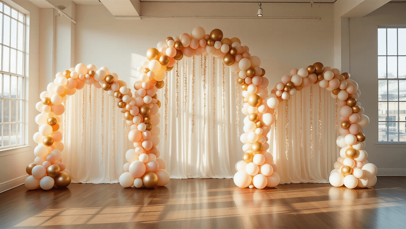 Cinematic shot of a three-arch balloon backdrop with cascading garlands in blush, champagne gold, and ivory tones, illuminated by golden hour sunlight in a modern event space.
