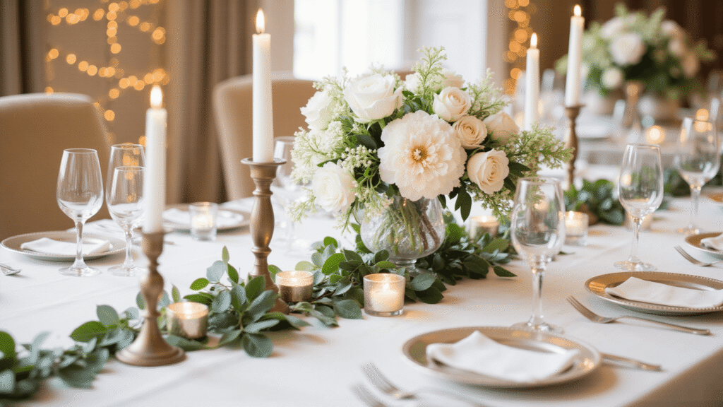 Cinematic photograph of an elegant wedding tablescape featuring a lush all-white floral centerpiece, flickering candles, and sophisticated linens, evoking a romantic and timeless atmosphere.