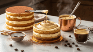 Cinematic overhead shot of tiramisu layer cake assembly featuring golden sponge layers, a bowl of mascarpone cream, steaming espresso, and cocoa powder, with warm amber lighting and a professional kitchen backdrop.