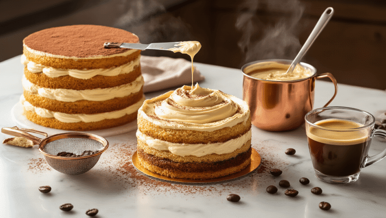 Cinematic overhead shot of tiramisu layer cake assembly featuring golden sponge layers, a bowl of mascarpone cream, steaming espresso, and cocoa powder, with warm amber lighting and a professional kitchen backdrop.