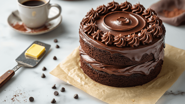 Cinematic overhead view of a decadent triple chocolate cake on a marble counter, featuring glossy chocolate ganache, chocolate buttercream swirls, and rustic kitchen props like coffee, cocoa powder, and a vintage spatula.