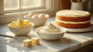 Cinematic close-up of vanilla cake preparation, featuring softened butter, room temperature eggs, and sifted flour in vintage bowls on a marble countertop, with warm golden hour lighting and whisked buttercream in the foreground, evoking a cozy, professional kitchen atmosphere.