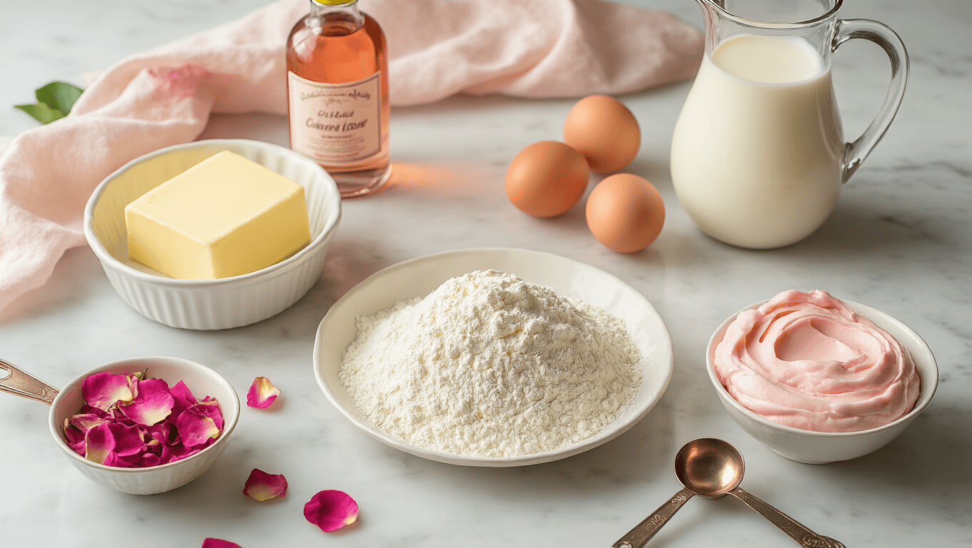 Cinematic overhead view of a marble countertop with ingredients for a vanilla rose cake, including butter, rose water, flour, fresh eggs, whole milk, scattered rose petals, and pink buttercream, all warmly lit by morning light.