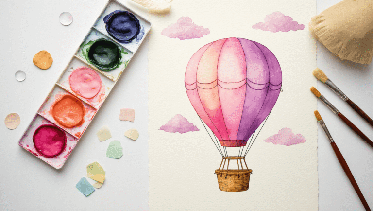 Cinematic flat lay of a watercolor hot air balloon art process on a white surface, featuring pink and lavender palettes, soft brushes, textured paper with a balloon sketch, jewel-tone craft strips, golden hour lighting, and organic water droplets.