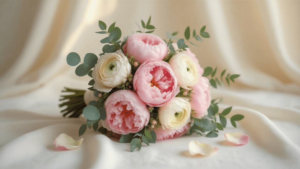 Romantic bridal bouquet featuring blush pink peonies, cream ranunculus, and eucalyptus leaves on a soft white linen surface, illuminated by golden hour light against a minimalist cream background.