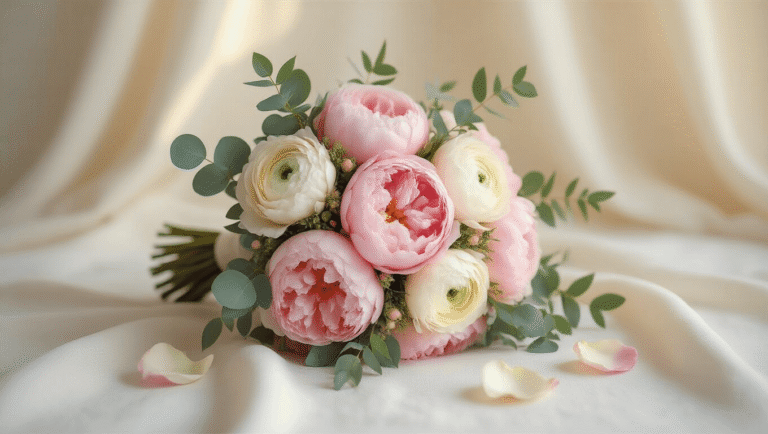 Romantic bridal bouquet featuring blush pink peonies, cream ranunculus, and eucalyptus leaves on a soft white linen surface, illuminated by golden hour light against a minimalist cream background.