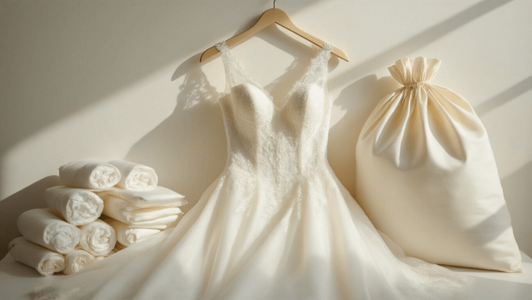 A pristine white wedding dress with lace and beadwork draped on a padded ivory hanger, surrounded by acid-free tissue paper and a cotton garment bag on a clean white surface, featuring soft studio lighting and delicate textures.