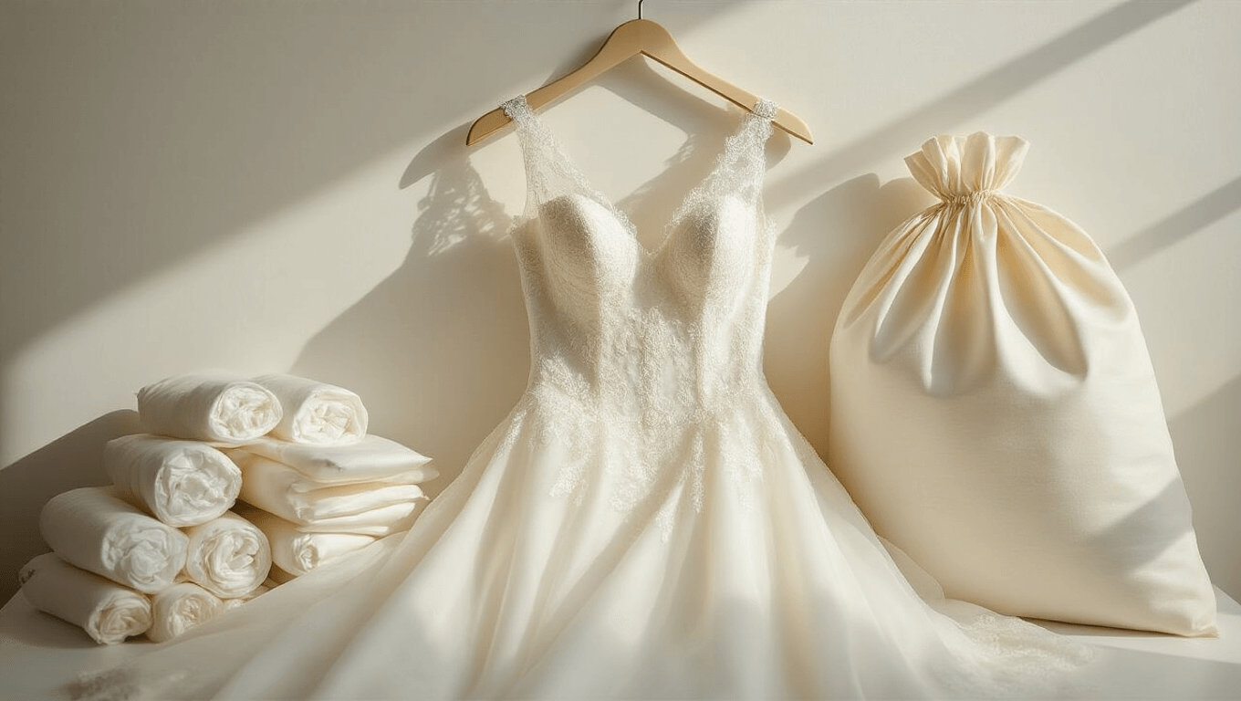 A pristine white wedding dress with lace and beadwork draped on a padded ivory hanger, surrounded by acid-free tissue paper and a cotton garment bag on a clean white surface, featuring soft studio lighting and delicate textures.