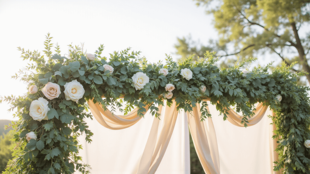 Close-up of a wedding ceremony arch decorated with cascading eucalyptus garland, blush garden roses, and ivory ranunculus, illuminated by warm golden hour sunlight, featuring soft bokeh and natural textures.
