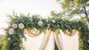 How to Use Wedding Garlands to Create Stunning Ceremony and Reception Décor Close-up of a wedding ceremony arch decorated with cascading eucalyptus garland, blush garden roses, and ivory ranunculus, illuminated by warm golden hour sunlight, featuring soft bokeh and natural textures.