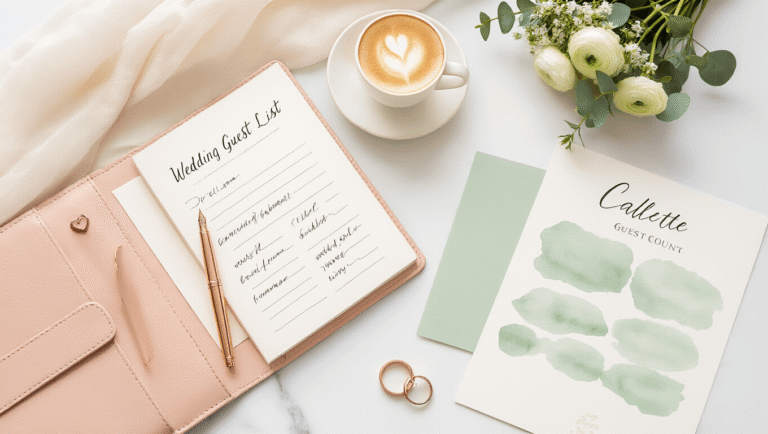 Warm flat lay of wedding planning materials featuring a blush pink notebook with handwritten guest lists, rose gold fountain pen, scattered ivory stationery, a sage green guest count spreadsheet, a gold engagement ring, a white ranunculus bouquet, and a latte with heart-shaped foam, all on a clean white marble surface in golden hour light.