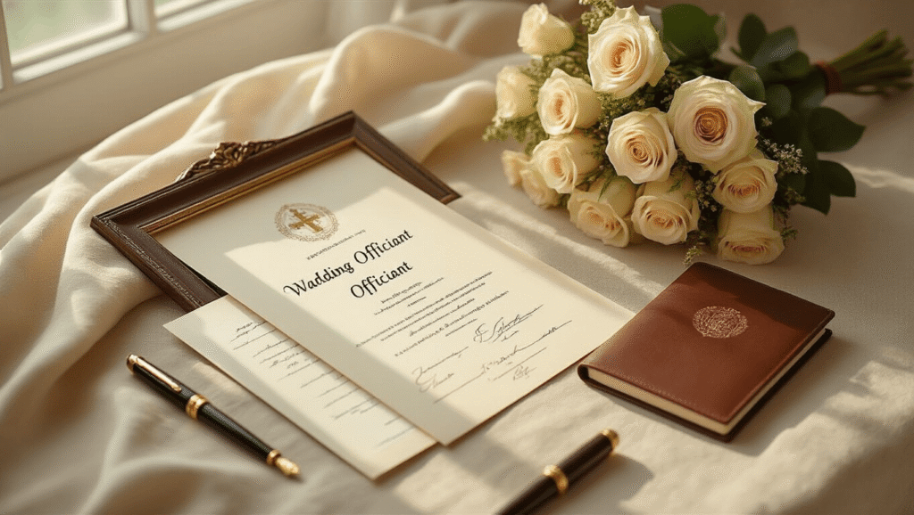 Elegant wedding officiant essentials including an ordination certificate, marriage license, gold fountain pen, leather-bound notebook, and cream roses on a soft-lit tabletop.