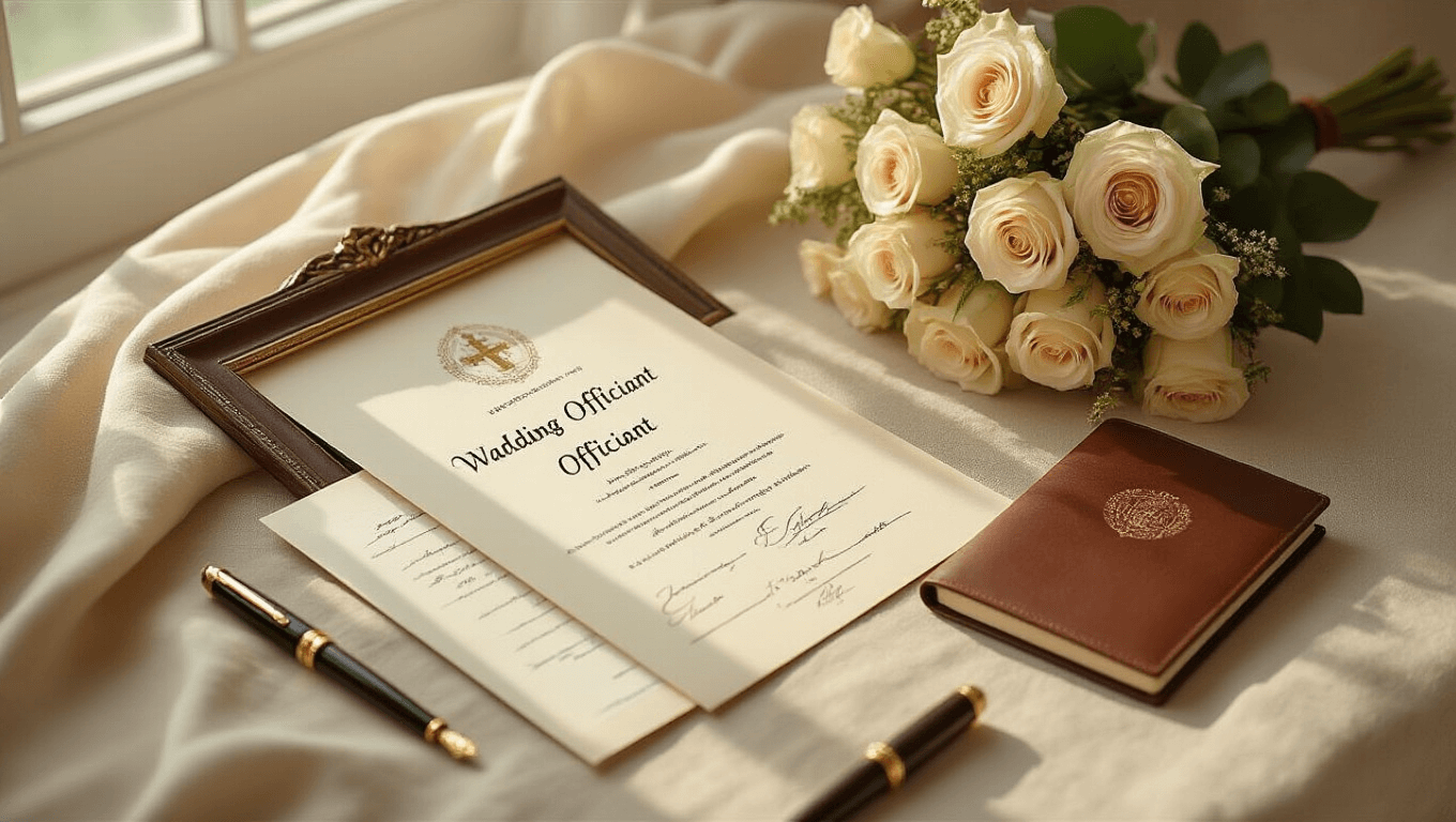 Elegant wedding officiant essentials including an ordination certificate, marriage license, gold fountain pen, leather-bound notebook, and cream roses on a soft-lit tabletop.