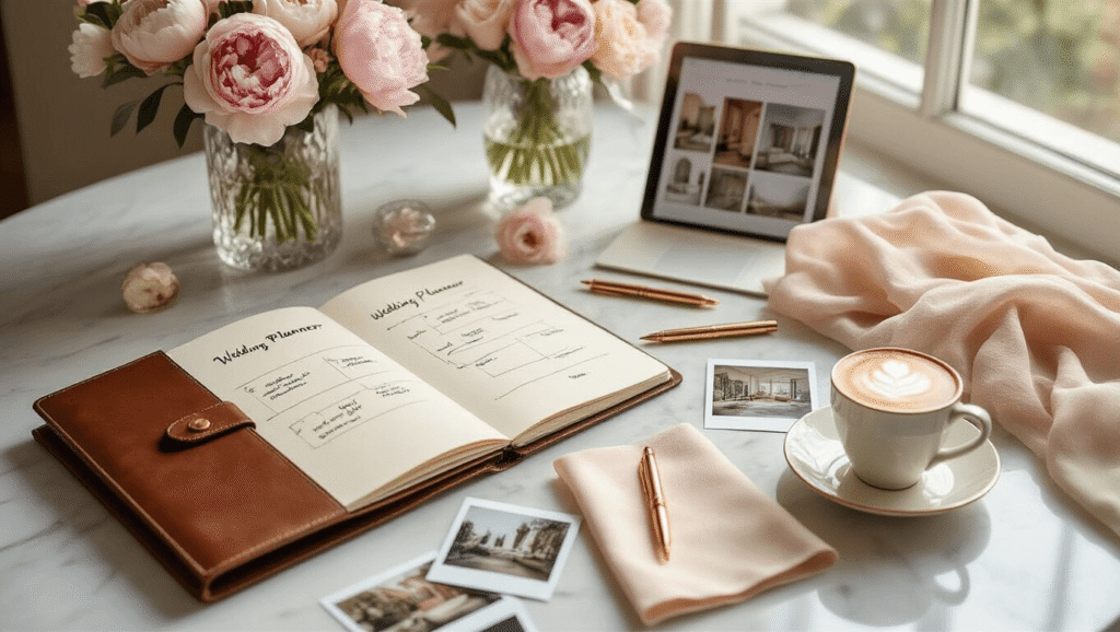 A warm and inviting wedding planning workspace featuring a leather-bound planner, blush pink peonies, Polaroid venue photos, a vintage pen, soft fabric swatches, a tablet with mood boards, and a cappuccino, all arranged on a clean marble surface in soft natural light.