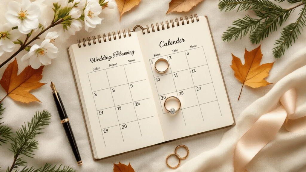 Elegant flat lay of an open wedding planning calendar with circled dates, surrounded by seasonal flowers, autumn leaves, and winter greenery, featuring a diamond engagement ring, vintage fountain pen, gold accents, and champagne-colored ribbon on an ivory linen background.