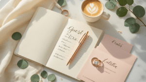 How to Plan Your Wedding Guest List Without Losing Your Mind Flat lay of wedding planning essentials on a white marble surface, featuring an open ivory linen notebook with a guest list, a rose gold pen, a sparkling diamond ring, blush pink invitation samples, a ceramic cup of latte with foam art, and eucalyptus sprigs, all illuminated by soft morning sunlight.