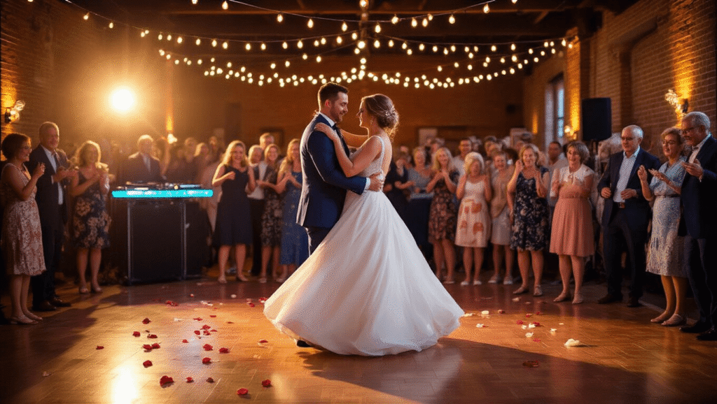 A beautiful wedding reception scene with a bride and groom slow dancing at the center of a dance floor, surrounded by joyful multi-generational guests, with glowing DJ equipment, string lights, and rose petals on polished wooden floors, all bathed in warm golden hour light.