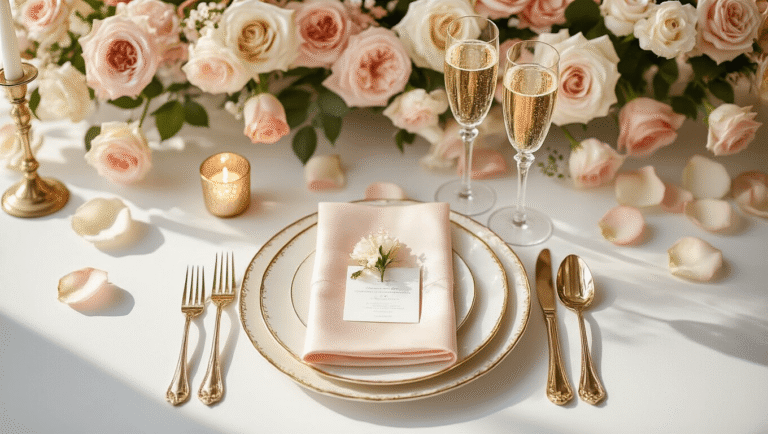 Elegant wedding reception table setting with champagne flutes and blush flowers on a clean white background, featuring gold-rimmed plates and soft natural lighting.