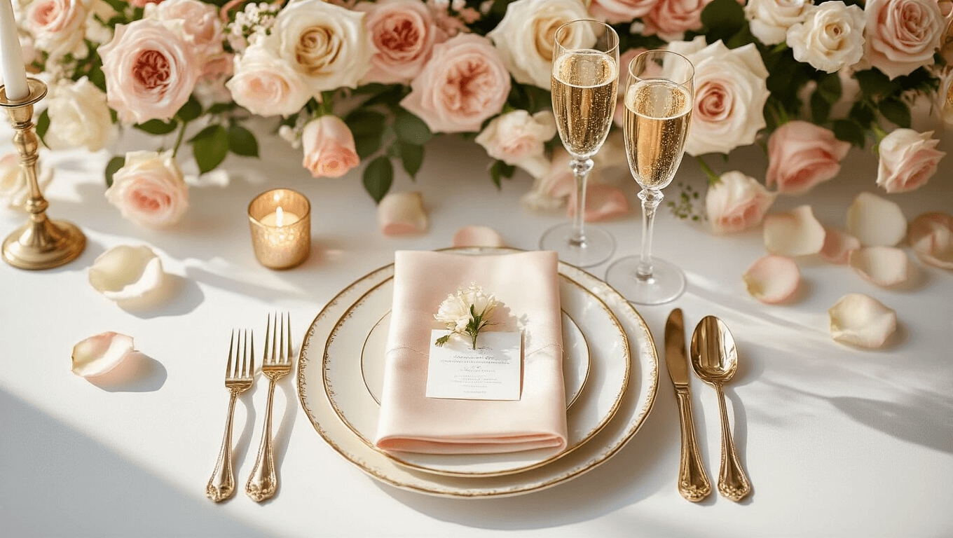 Elegant wedding reception table setting with champagne flutes and blush flowers on a clean white background, featuring gold-rimmed plates and soft natural lighting.
