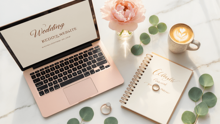 Overhead shot of a rose gold laptop displaying a wedding website template on a marble surface, surrounded by a pink peony, spiral-bound wedding notebook, diamond engagement ring, cappuccino with latte art, and eucalyptus sprigs, all illuminated by golden hour sunlight.