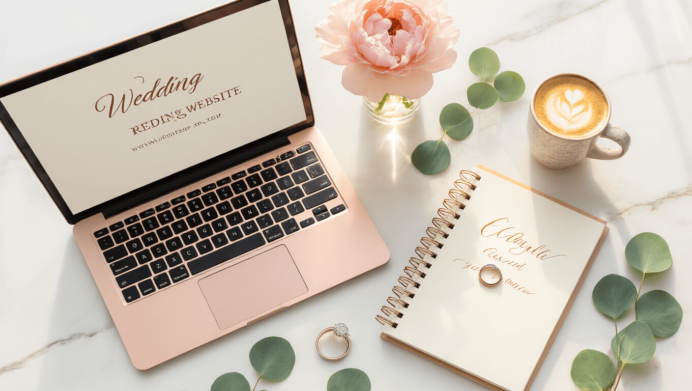 Overhead shot of a rose gold laptop displaying a wedding website template on a marble surface, surrounded by a pink peony, spiral-bound wedding notebook, diamond engagement ring, cappuccino with latte art, and eucalyptus sprigs, all illuminated by golden hour sunlight.