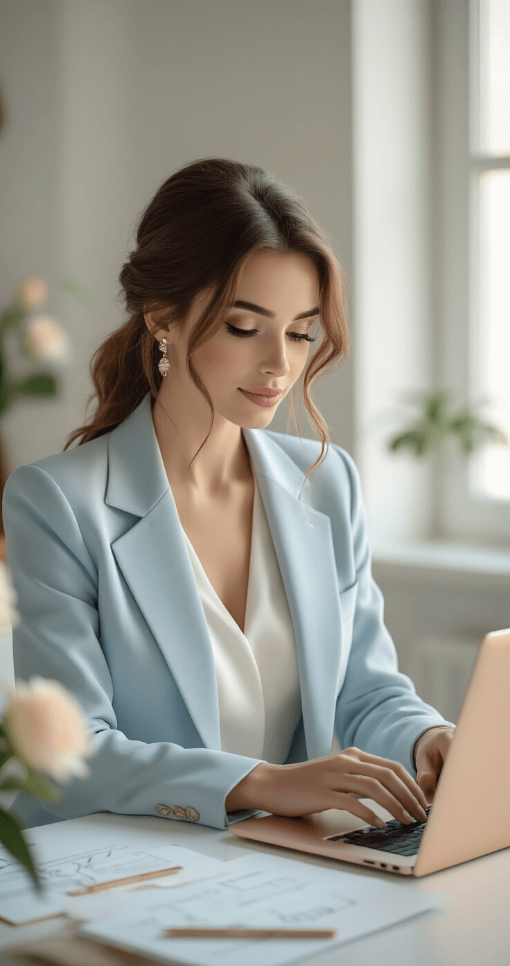 A sophisticated 25-year-old bride in a minimalist home office, wearing a white silk blouse and light blue tailored blazer, types wedding hashtag details on a rose gold laptop, surrounded by wedding planning materials in warm golden hour lighting.
