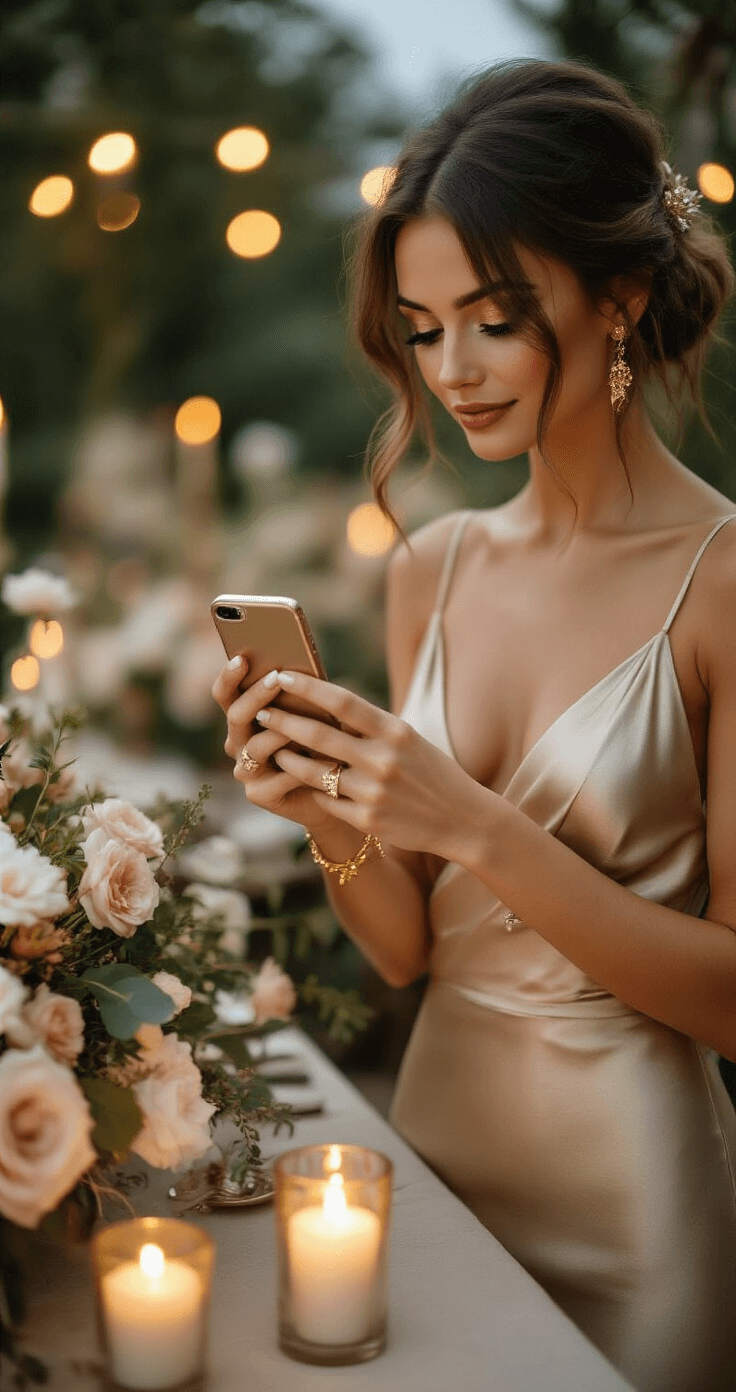 A millennial wedding guest in a champagne-toned silk slip dress, adorned with gold accessories, captures reception moments with her smartphone, showcasing her manicured hands and softly lit floral centerpieces on an elegantly decorated table.