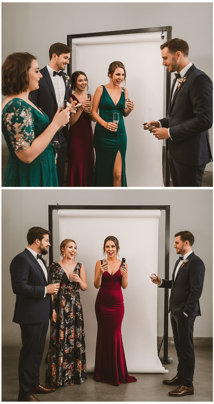 Wedding guests in chic cocktail attire collaboratively creating hashtag content near a modern photo booth backdrop, featuring diverse young professionals in tailored suits and jewel-toned statement dresses. Cinematographic lighting highlights their playful interactions and coordinated yet individual fashion choices.