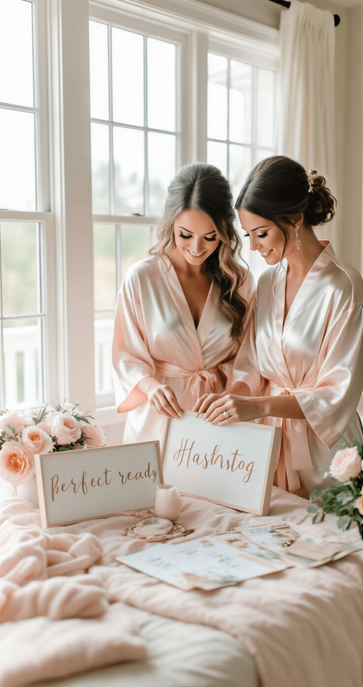 A bride and bridesmaid in soft blush robes select a wedding hashtag in a bright bridal suite, surrounded by planning materials, with natural light streaming through large windows.