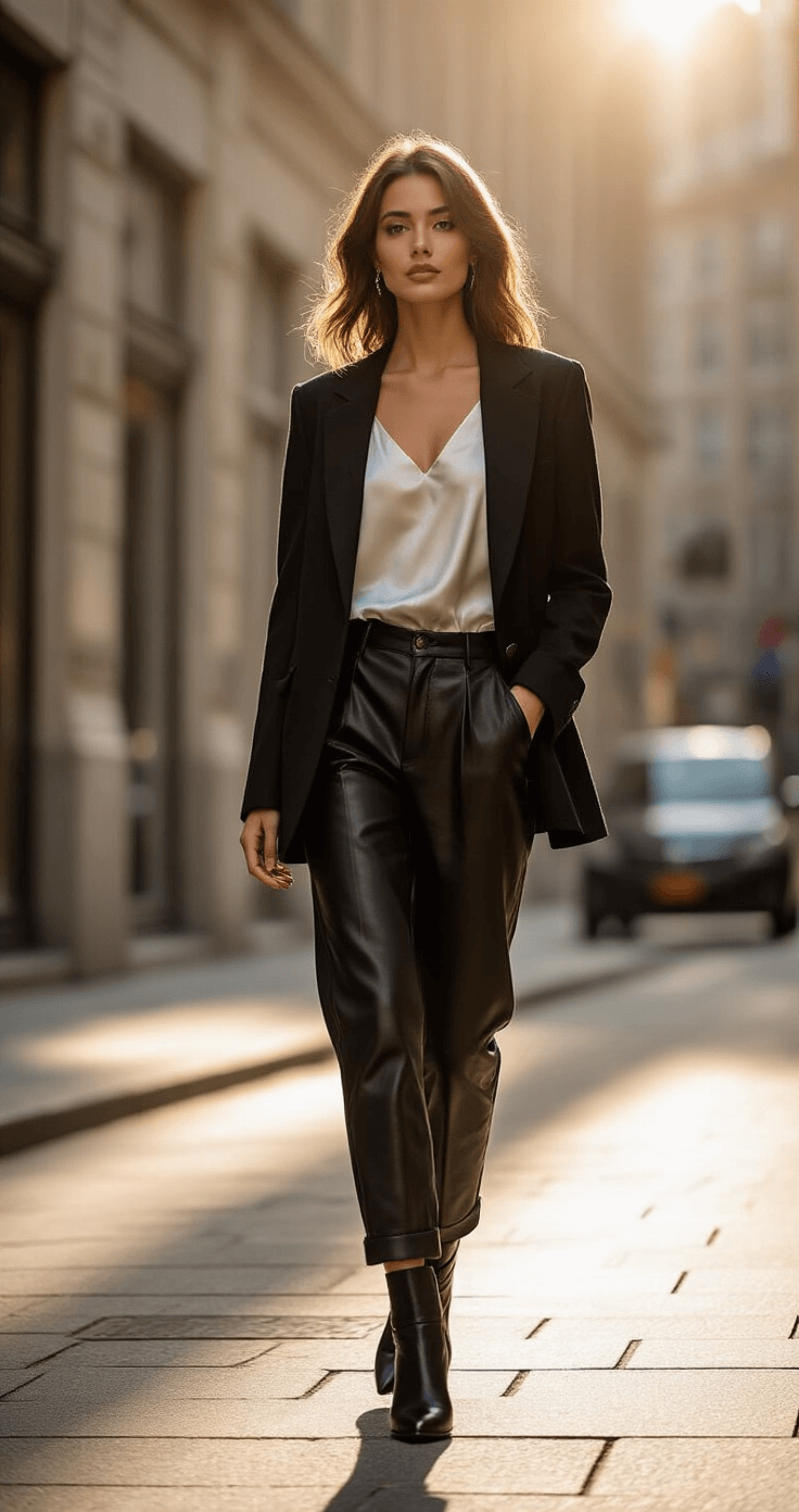 A confident young wedding planner in a contemporary monochrome outfit with layered textures poses in an urban street fashion photoshoot, showcasing hashtag techniques. She wears a wool blazer, silk camisole, and leather ankle boots against a chic city backdrop during golden hour, creating dramatic shadows.