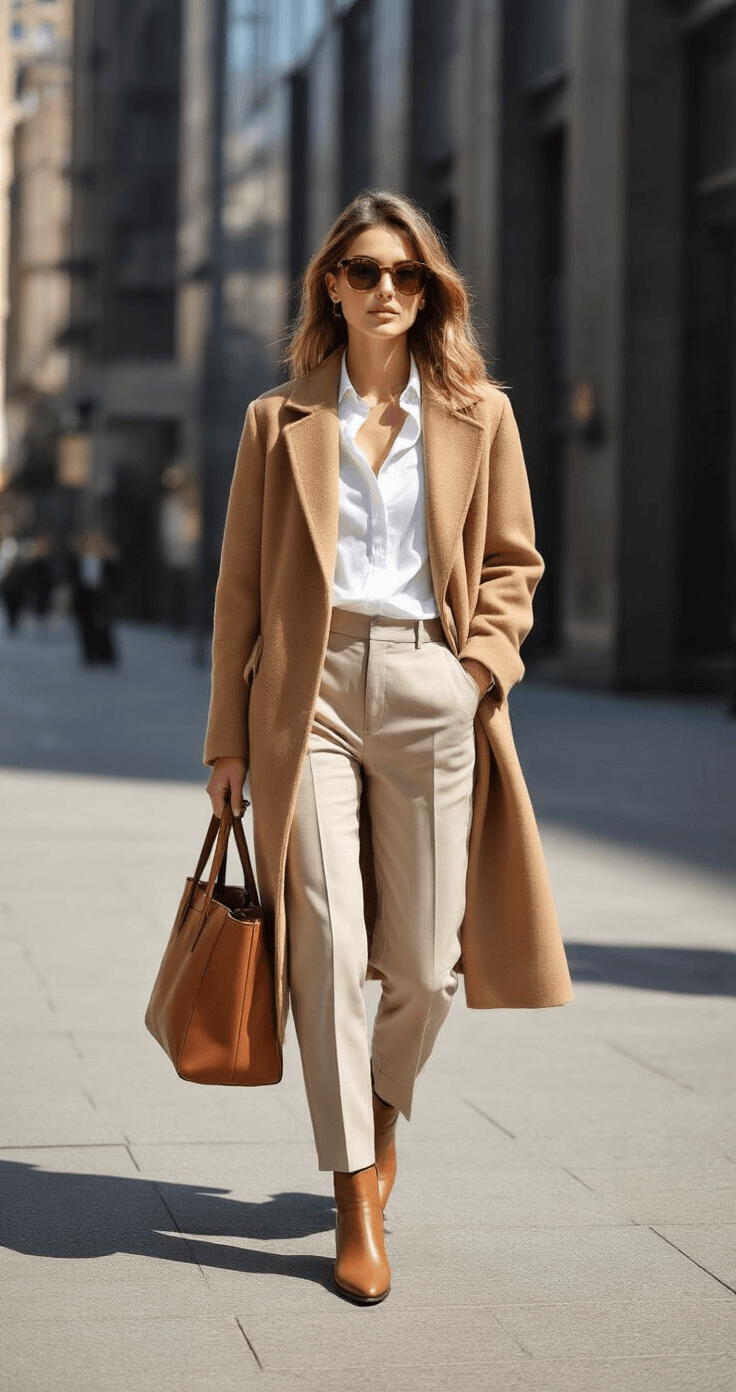 A young professional woman in layered neutrals, including an oversized camel wool coat and crisp white button-down, confidently walks along a sunlit metropolitan sidewalk, flanked by modern architecture, carrying a structured leather tote and wearing tortoiseshell sunglasses and minimalist ankle boots.