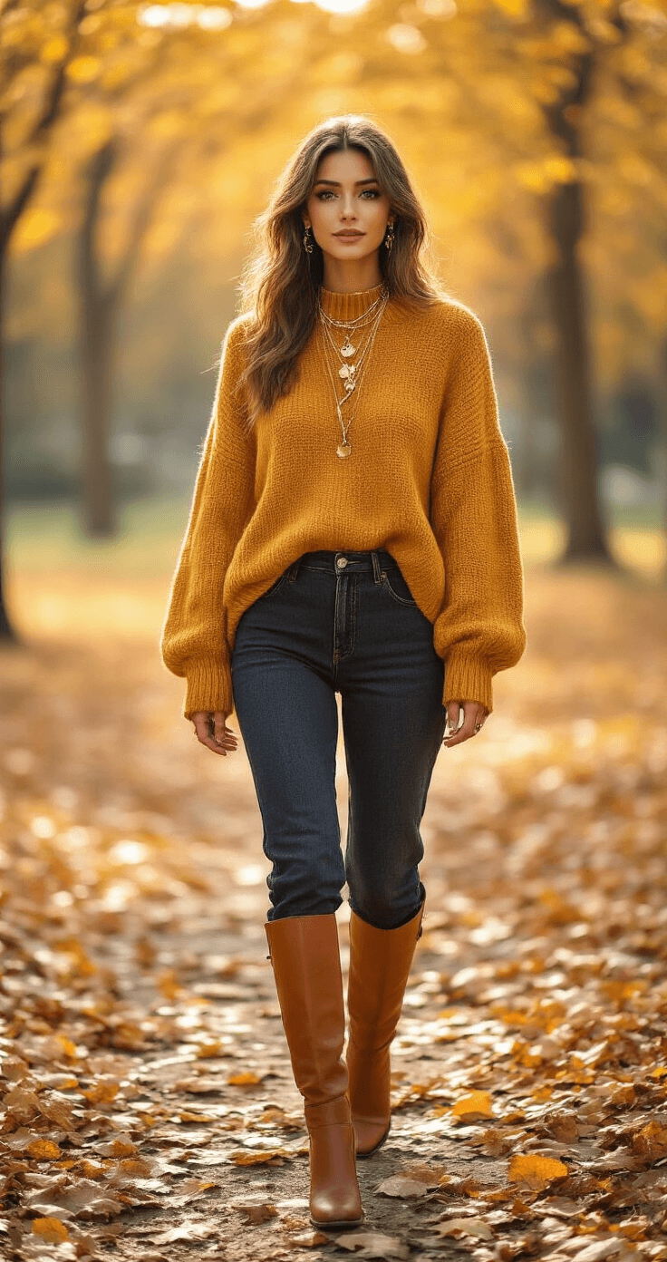 A stylish woman in a mustard yellow oversized knit sweater and dark wash high-waisted vintage denim walks through a leaf-strewn park, wearing cognac leather knee-high boots, adorned with delicate gold layered necklaces, illuminated by warm golden afternoon lighting with a soft bokeh background.