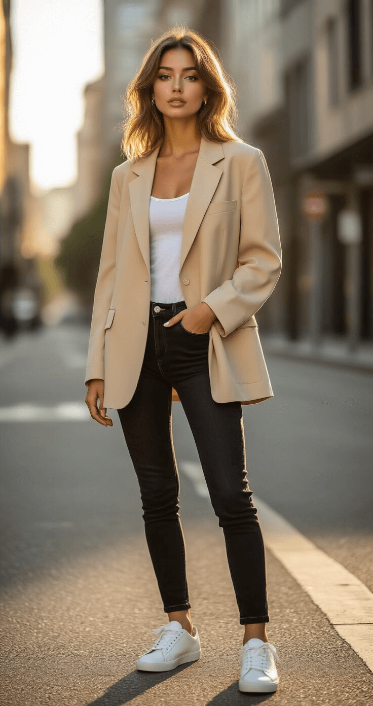 A confident young woman in an oversized beige blazer and black skinny jeans stands on a minimalist urban street corner during golden hour, showcasing elegant shadows and soft natural light.