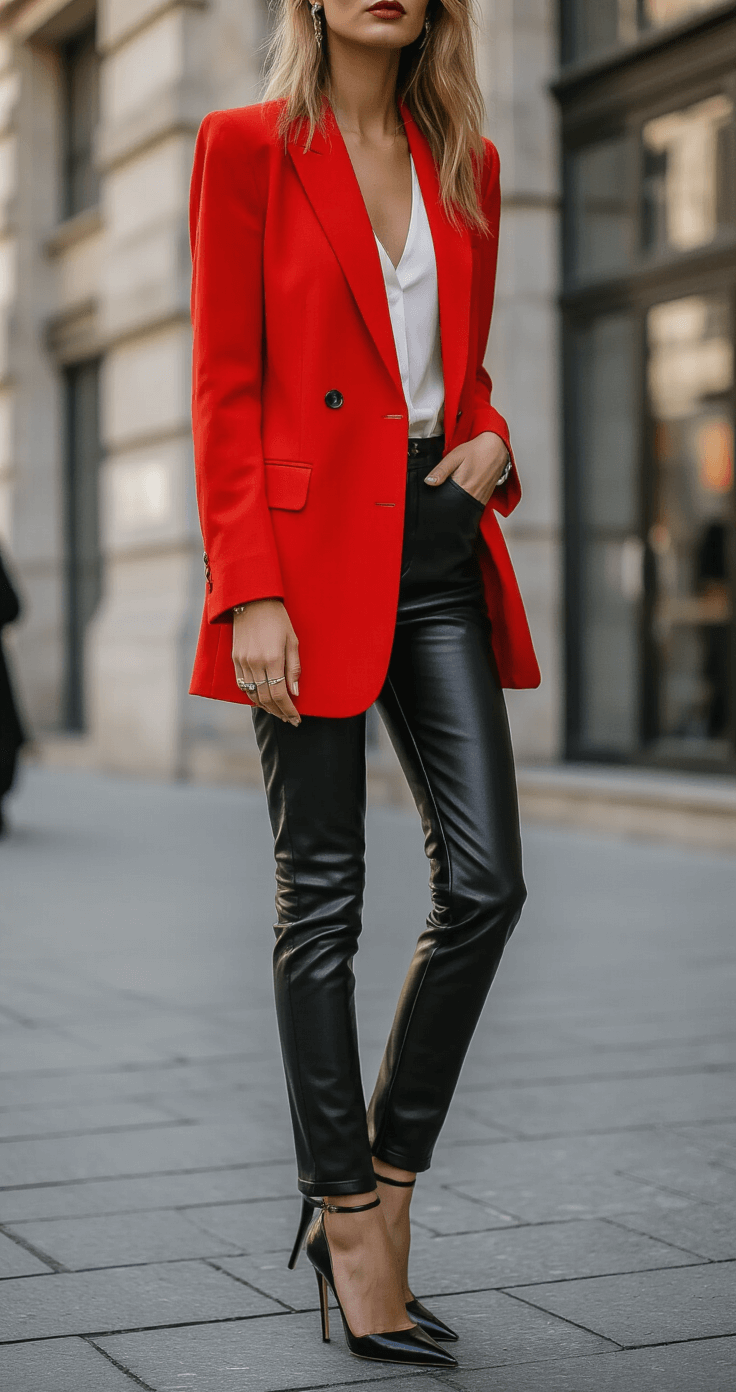 A fashion-forward woman in a vibrant red oversized blazer, high-waisted black leather pants, and pointed-toe stiletto heels poses against a geometric urban backdrop in the late afternoon.