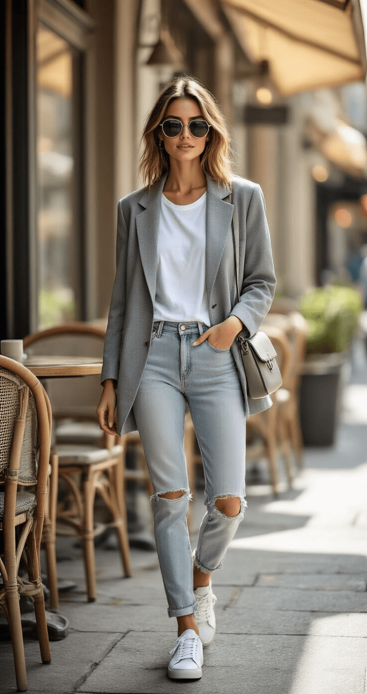 A petite woman casually wearing an oversized gray blazer over a white graphic tee, distressed light-wash skinny jeans, and clean white sneakers, seated at a sun-drenched urban cafe terrace, with classic sunglasses and a small crossbody bag, exuding a relaxed, casual-chic vibe.