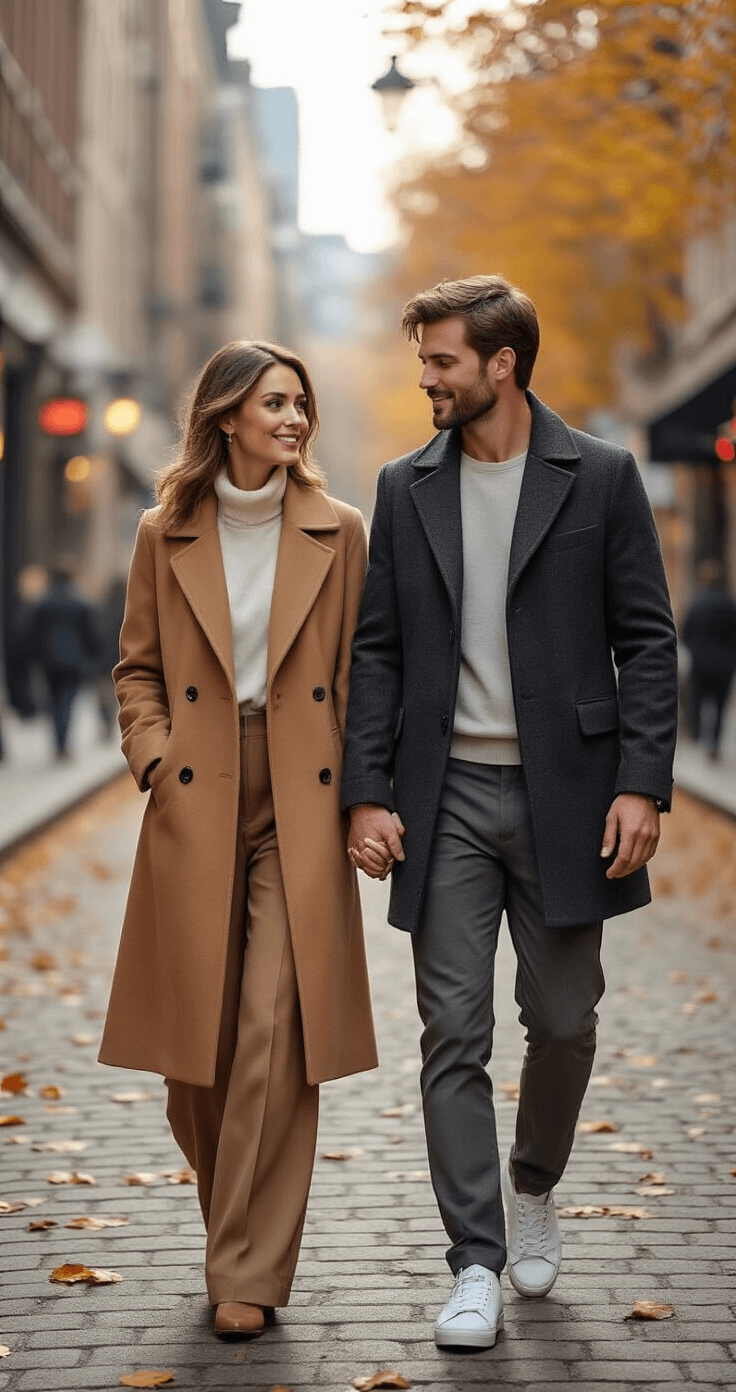 A couple walks hand-in-hand in an urban street scene, she in a tailored camel wool coat and high-waisted wide-leg trousers, he in a fitted charcoal grey peacoat and crisp white sneakers, surrounded by autumn leaves and soft mid-morning light, capturing a moment of genuine connection and pre-wedding anticipation.