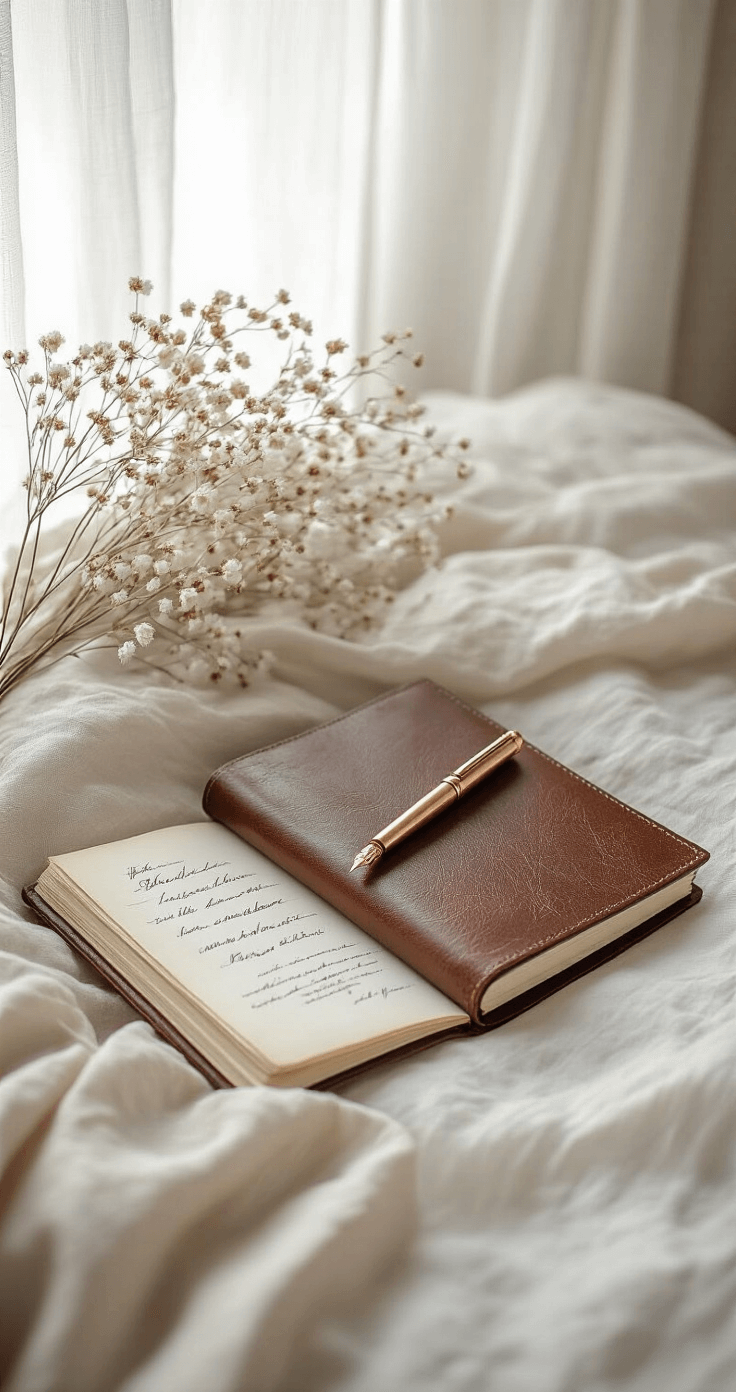 A cozy bedroom scene featuring wedding vow writing essentials, including a vintage leather-bound journal and rose gold fountain pen, complemented by a delicate dried flower arrangement and soft linen throw, all in a minimal neutral color palette with morning light streaming through sheer curtains, creating a personal and romantic atmosphere.