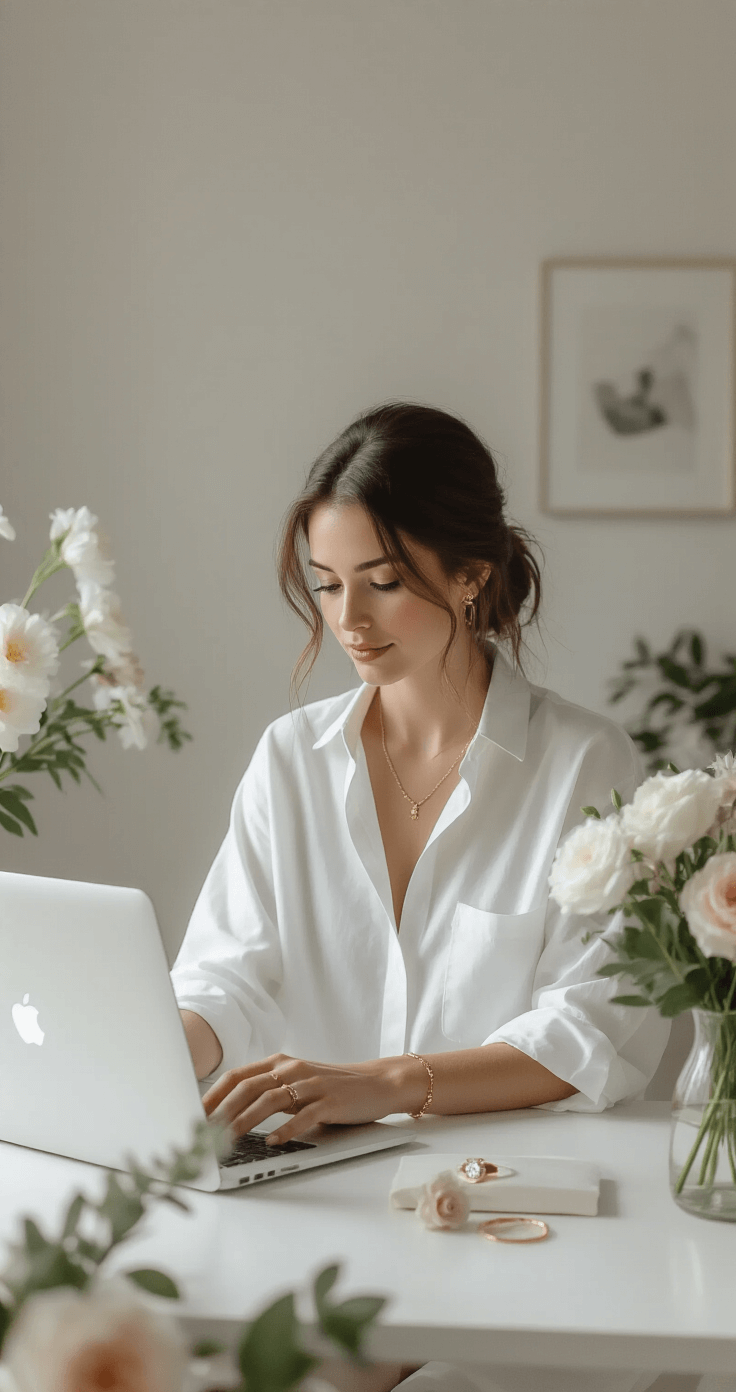 A minimalist home office featuring a bride in a white oversized shirt, seated at a modern desk with a MacBook, fresh flowers, and soft natural lighting, adorned with delicate gold jewelry and a meaningful engagement ring, capturing a contemporary urban professional aesthetic.