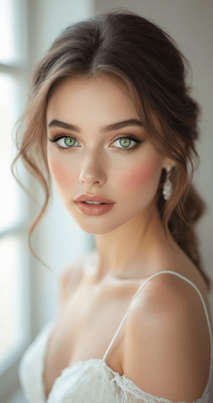 The Ultimate Guide to Wedding Makeup for Green Eyes That'll Make You Look Absolutely Stunning Close-up of a bride with emerald green eyes and a soft plum and bronze smokey eye, showcasing dewy skin with a subtle highlighter, loose romantic hairstyle, and warm metallic eyeshadow, captured in natural light.