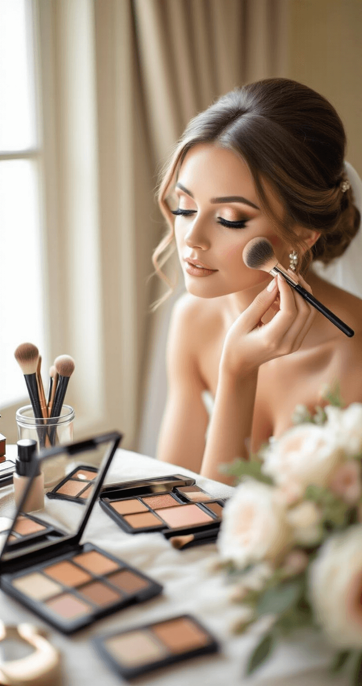 The Ultimate Guide to Wedding Makeup for Green Eyes That'll Make You Look Absolutely Stunning A bride applies warm copper eyeshadow in an elegantly styled bridal suite, surrounded by neutral-toned makeup brushes and palettes, with soft morning light filtering through the windows, creating an intimate and soft-focused scene.