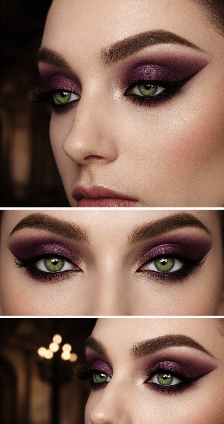 The Ultimate Guide to Wedding Makeup for Green Eyes That'll Make You Look Absolutely Stunning Dramatic evening wedding makeup with deep plum eyeshadow, bronze eyeliner, individual false lashes, and vibrant green eye makeup, set against a moody architectural background with dramatic side lighting.